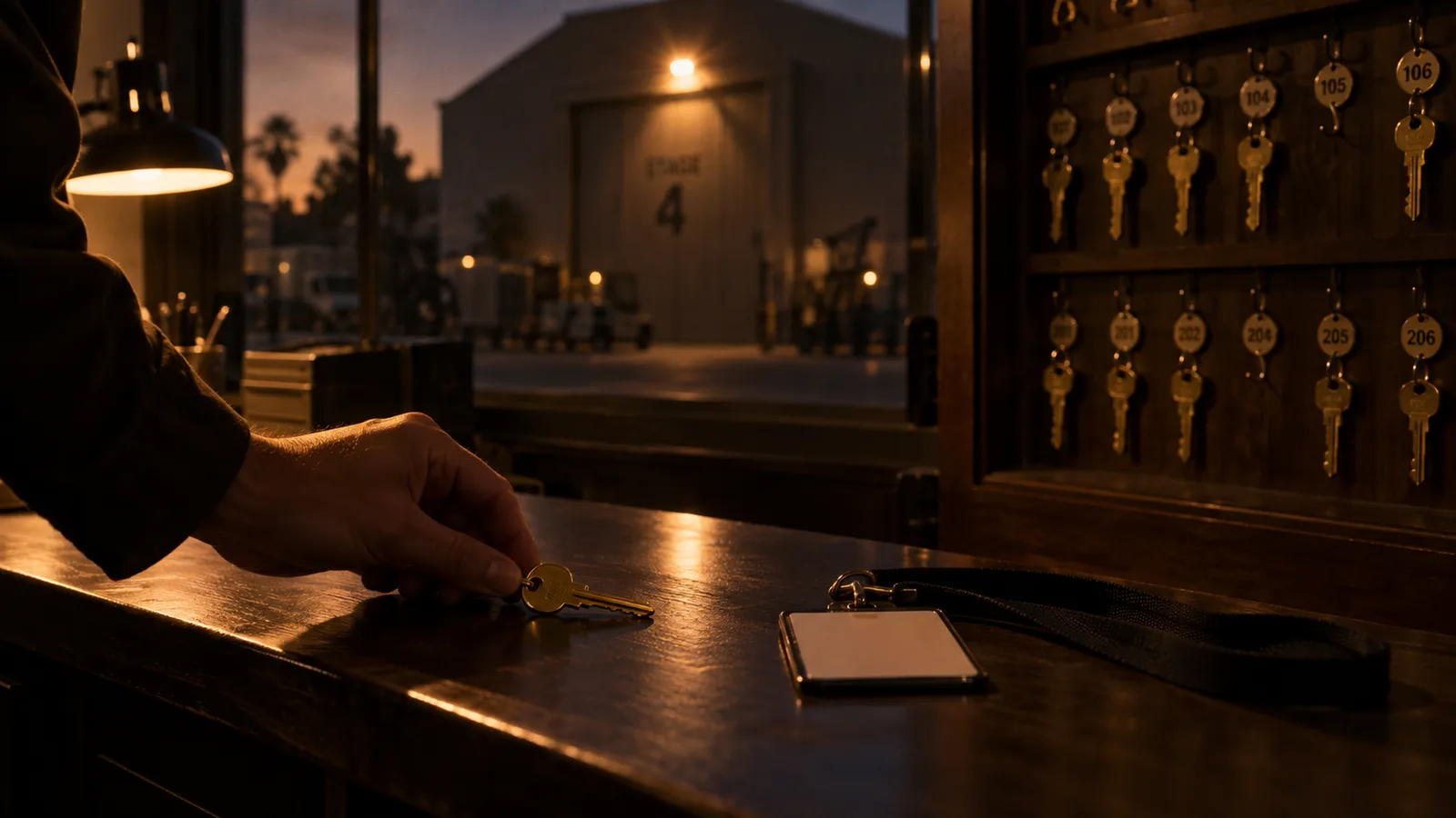 A single brass key and a studio badge on a security desk, with a cabinet of keys still on their hooks behind
