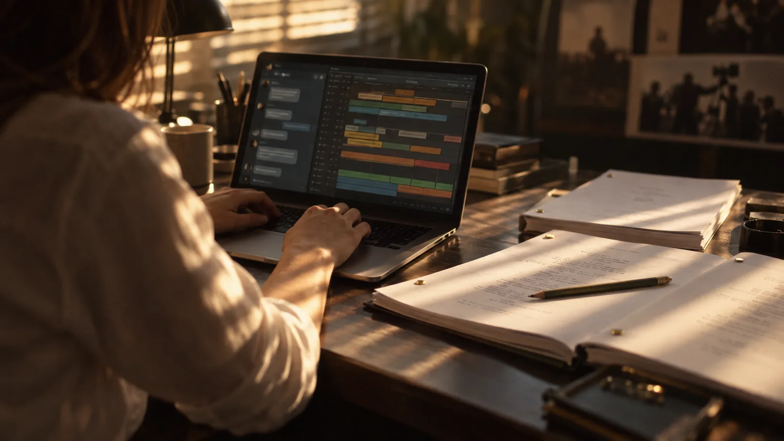 Hands on a laptop showing a production stripboard beside a chat panel, with three screenplays on the desk